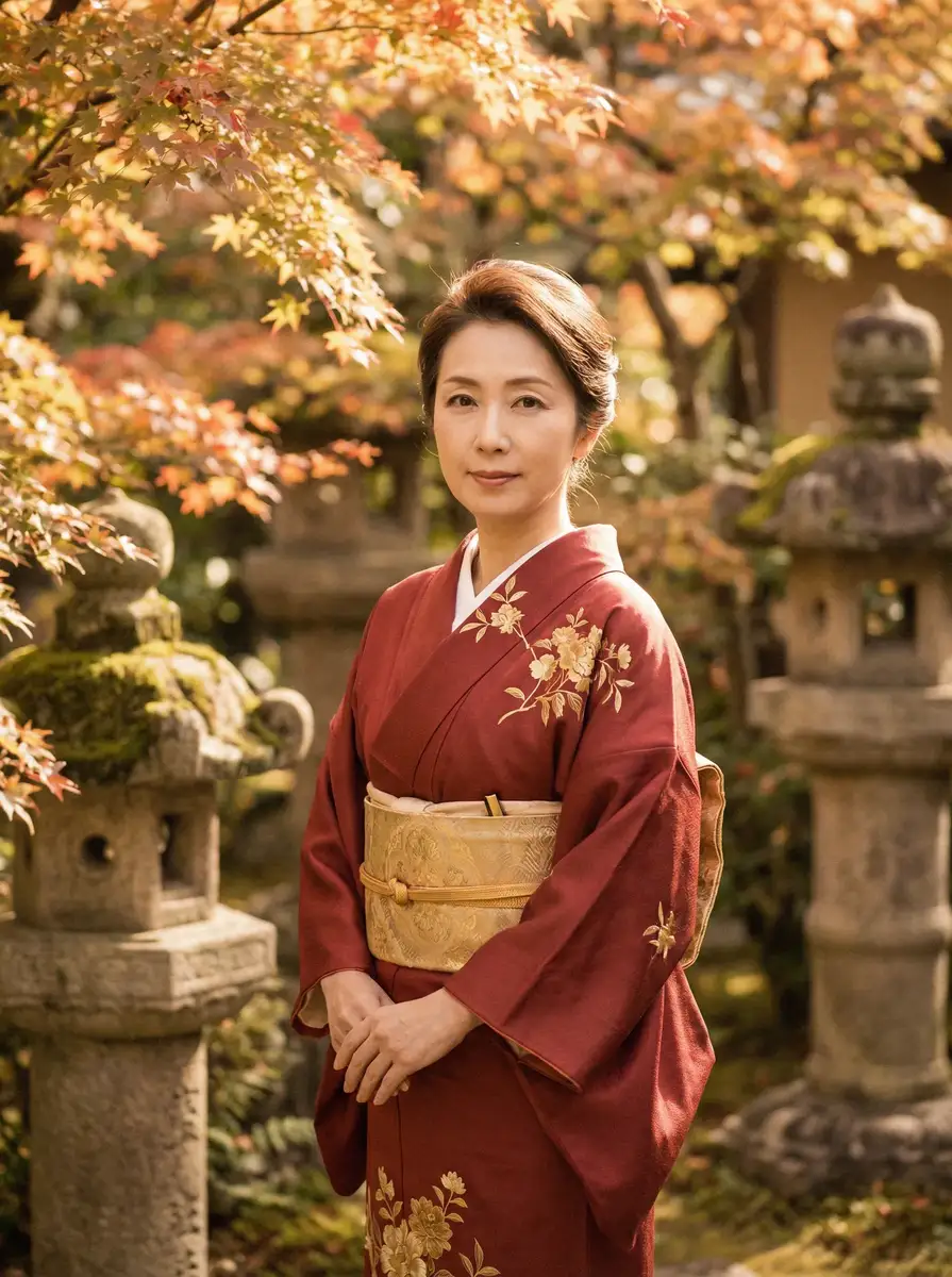 一位身穿暗红色和服的优雅 女性向视频 在日式庭院中