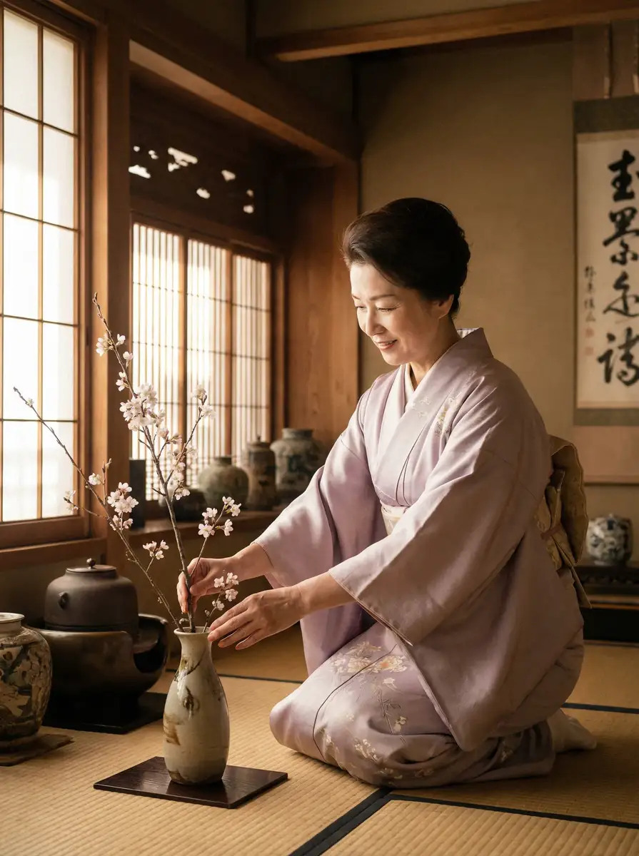一位优雅的 女性向视频 在和室中插花